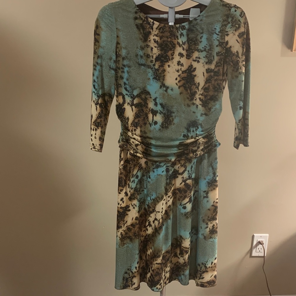 Joseph Ribkoff Elegant Multicolor Dress Blue Brown Cream with Gold Flecks